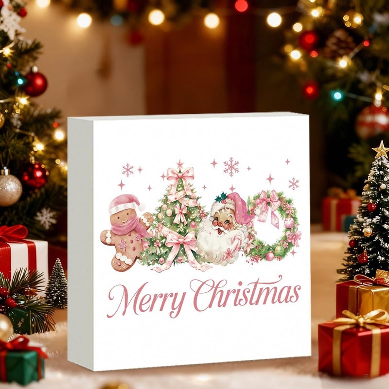 FXEFXE Pink Christmas Decor, Christmas Decorations Indoor, Coquette Bow Xmas Tree Santa Claus Gingerbread Sign Gift for Women Friends, Rustic Wooden Box Sign for Home Office Bedroom Desk Decor 5x5 Inches - Image 3